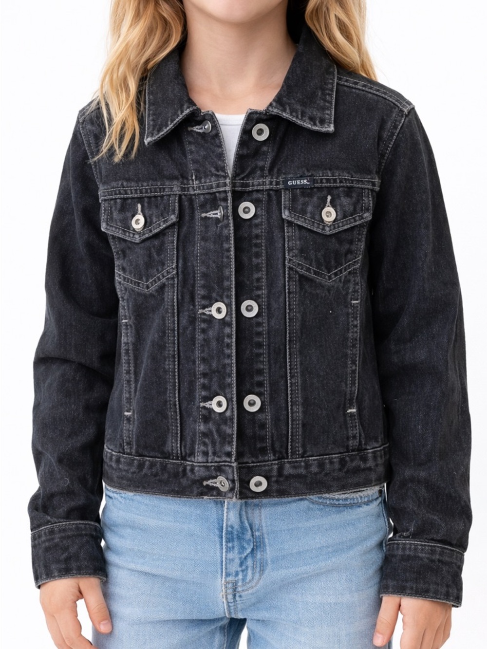 GUESS Girls Black Denim Trucker Jacket – Size M – Button-Up